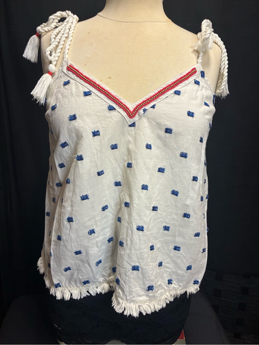 aerie White Tassel Strap Tank with Blue Embroidery and Red Trim